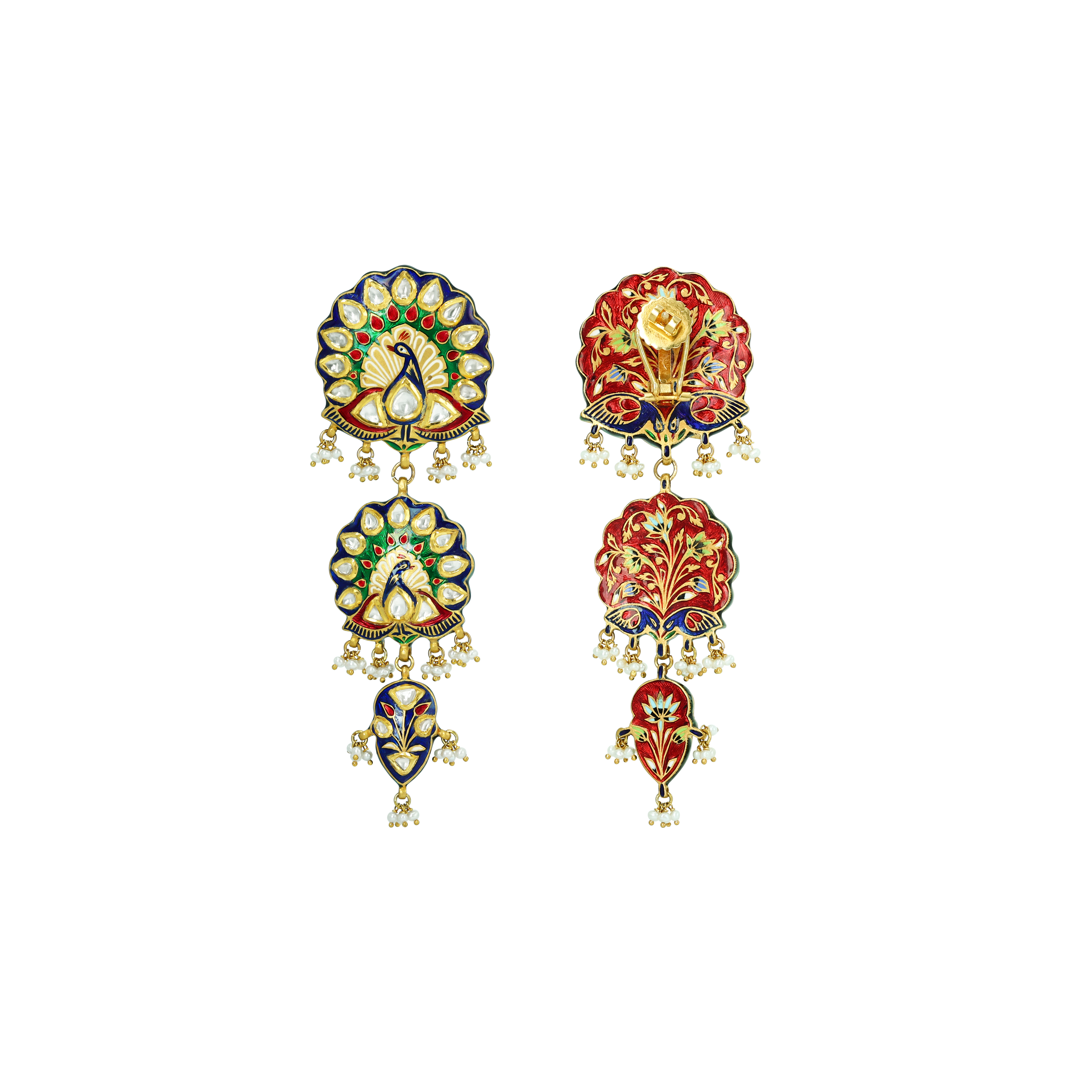 Peacock Motif Earrings with Polkis, Enamel, and Pearls